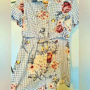 EUC Paper Crane Cap Sleeve Button and Waist Tie Floral Mini Dress (L)